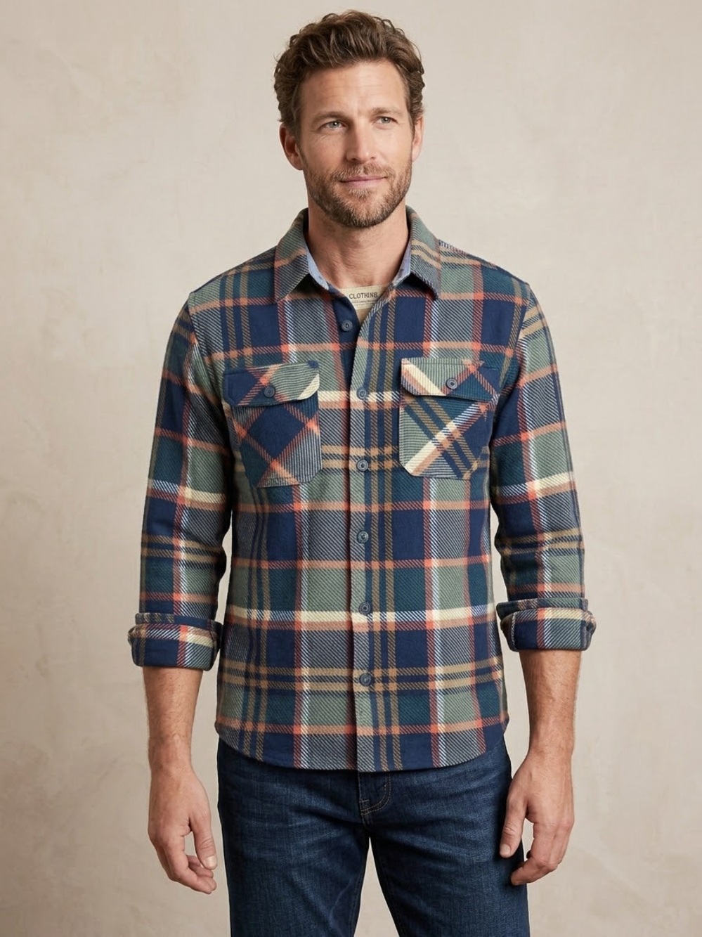 Men’s Plaid Button-Down Shirt Jacket in Navy, Tan & Cream